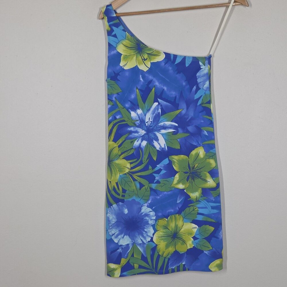 Vtg Y2K Evolution Not Revolution Blue Tropical Floral One Shoulder Mini Dress S